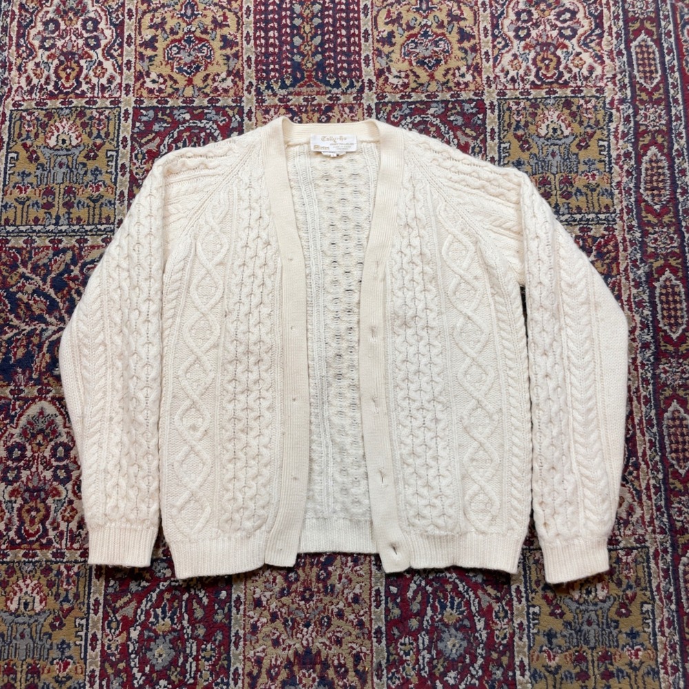 VTG 60s 70s Tally-Ho Mens Wool Cable Knit Cardigan Cream Button Front Size‎ L